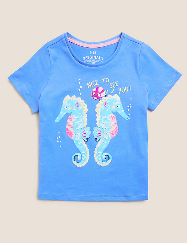 T-shirt van puur katoen met lovertjes en zeepaardmotief (2-7 jaar)