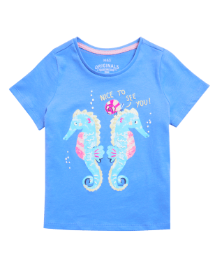 

M&S Collection Camiseta 100% algodón con lentejuelas con diseño de caballito de mar (2-7 años) - Blue, Blue