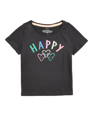 

M&S Collection T-Shirt aus reiner Baumwolle mit Schriftzug „Happy“ (2-7 J.) - Charcoal, Charcoal