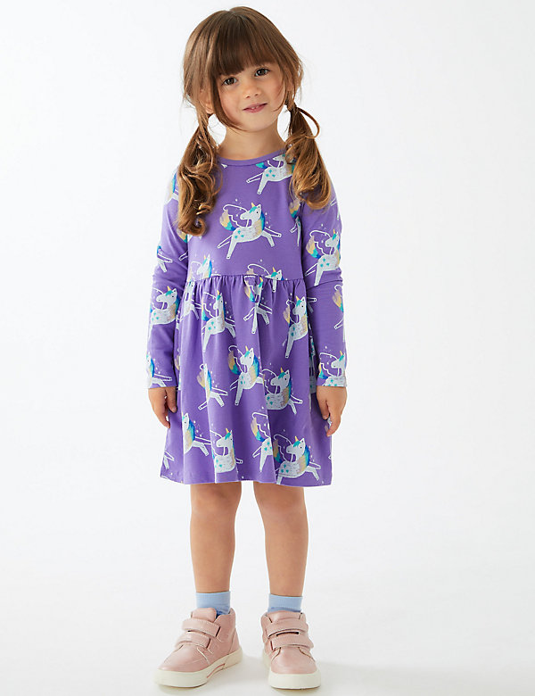 فستان من القطن الصافي برسمة يونيكورن (2-7 سنوات) - OM