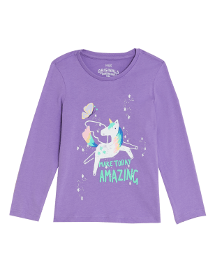 

M&S Collection Oberteil aus reiner Baumwolle mit Einhornmotiv (2-7 Jahre) - Purple, Purple