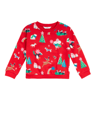 

M&S Collection Sudadera de algodón navideña (2-7 años) - Red, Red