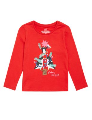 Girls M&S Collection Pure Cotton Penguin Top (2-7 Yrs) - Red