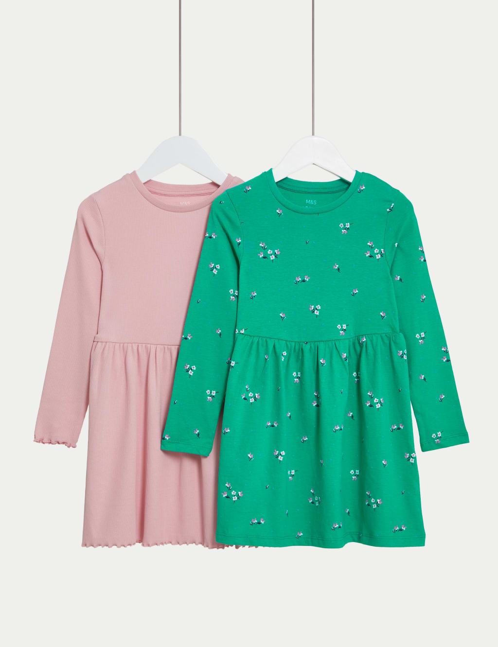 2pk Cotton Rich Floral & Ribbed Dresses (2-8 Yrs) image 1