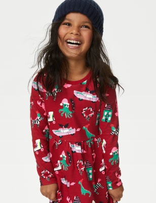 Pure Cotton Christmas Print Dress (2-8 Yrs)