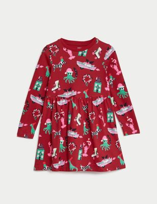 Pure Cotton Christmas Print Dress (2-8 Yrs)