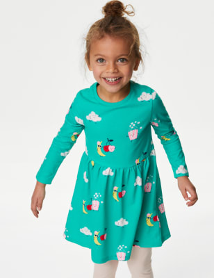 M&S Girls Pure Cotton Printed Dress (2-8 Yrs) - 3-4 Y - Bright Aqua, Bright Aqua,Navy