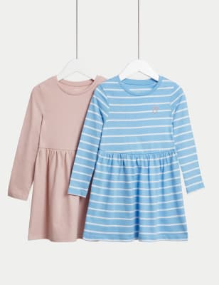 M&S Girls 2pk Pure Cotton Striped & Plain Dresses (2-8 Yrs) - 3-4 Y - Lilac Mix, Lilac Mix,Green Mix