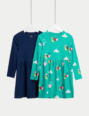 

M&S Collection Pack de 2 vestidos 100% algodón lisos y de rayas (2-8 años) - Green Mix, Green Mix