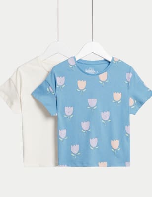 M&S Girls 2pk Pure Cotton Printed T-Shirts (2-8 Yrs) - 7-8 Y - Blue Mix, Blue Mix,Multi