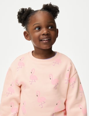 M&S Girl's Cotton Rich Printed Sweatshirt (2-8 Yrs) - 7-8 Y - Coral Mix, Coral Mix,Lilac,Green