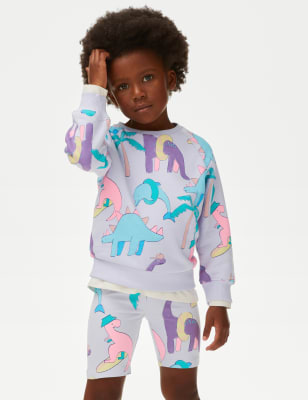 M&S Girls Cotton Rich Printed Sweatshirt (2-8 Yrs) - 3-4 Y - Lilac, Lilac,Green,Coral Mix