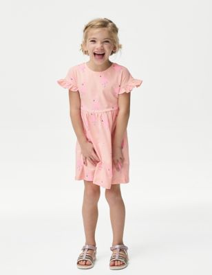 

Girls Pure Cotton Printed Dress (2-8 Years) - Coral, Coral