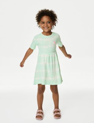 M&S Girl's Pure Cotton Striped Flamingo Dress (2-8 Yrs) - 3-4 Y - Turquoise, Turquoise