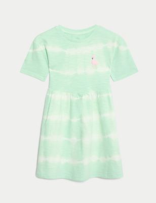 M&S Girls Pure Cotton Striped Flamingo Dress (2-8 Yrs) - 3-4 Y - Turquoise, Turquoise