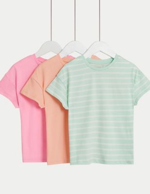 M&S Girl's 3pk Cotton Blend T-Shirts (2-8 Yrs) - 3-4 Y - Multi, Multi