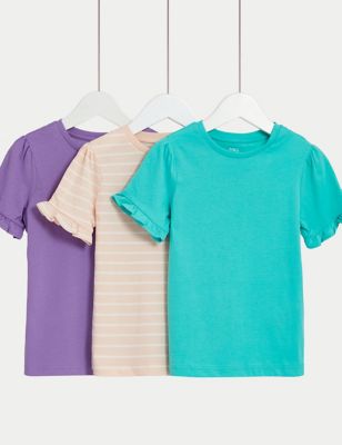 M&S Girl's 3pk Pure Cotton Frill T-Shirts (2-8 Yrs) - 2-3 Y - Multi, Multi