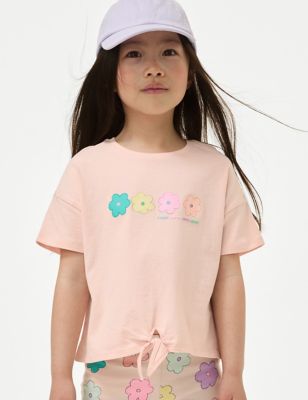 M&S Girl's Pure Cotton Tie Front T-Shirt (2-8 Yrs) - 2-3 Y - Pink, Pink,Ivory