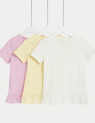 M&S Girl's 3pk Pure Cotton T-Shirts (2-8 Yrs) - 2-3 Y - Pink Mix, Pink Mix,Green Mix,Multi