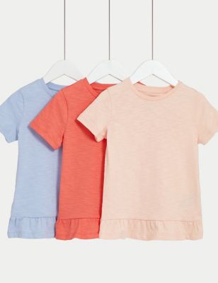 M&S Girls 3pk Pure Cotton T-Shirts (2-8 Yrs) - 6-7 Y - Multi, Multi,Pink Mix,Green Mix
