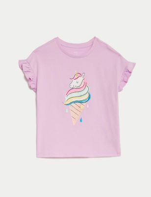 M&S Girls Pure Cotton Printed T-Shirt (2-8 Yrs) - 3-4 Y - Pink, Pink