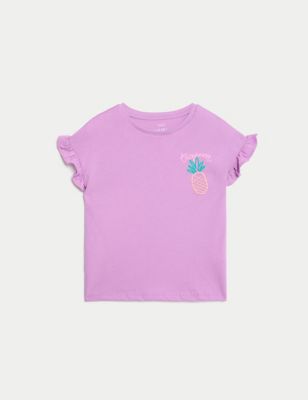 M&S Girls Pure Cotton Printed T-Shirt (2-8 Yrs) - 2-3 Y - Purple, Purple,Pink