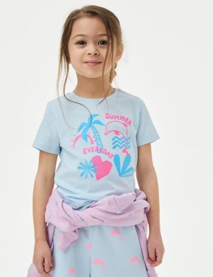 M&S Girls Pure Cotton Printed Slogan T Shirt (2-8 Yrs) - 3-4 Y - Ice Blue, Ice Blue,Pale Yellow