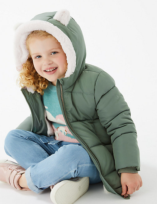 Marks And Spencer Girls M&S Collection Stormwear Kitten Ear Padded Longline Coat (2-7 Yrs) - Khaki