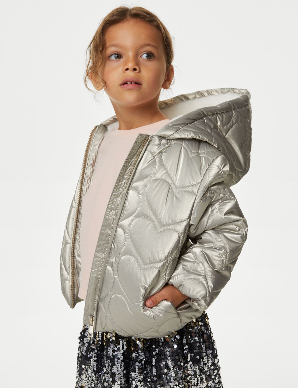 Metallic Heart Quilted Hooded Padded Jacket (2-8 Yrs) image 1