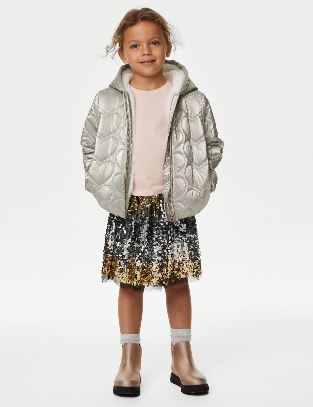 Metallic Heart Quilted Hooded Padded Jacket (2-8 Yrs) image 3