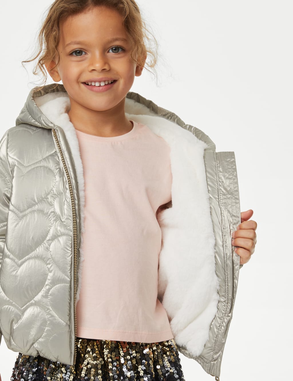 Metallic Heart Quilted Hooded Padded Jacket (2-8 Yrs) image 5