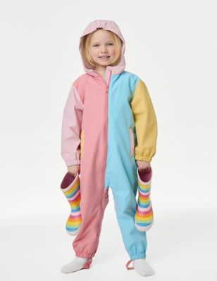 M&S Girl's Hooded Colour Block Puddlesuit (2-8 Years) - 3-4 Y - Multi, Multi,Blue Mix