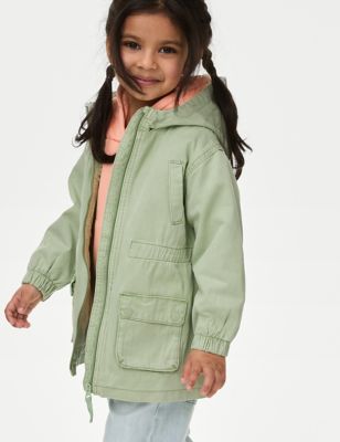 M&S Girls Pure Cotton Hooded Parka (2-8 Yrs) - 2-3 Y - Green, Green,Pink Mix