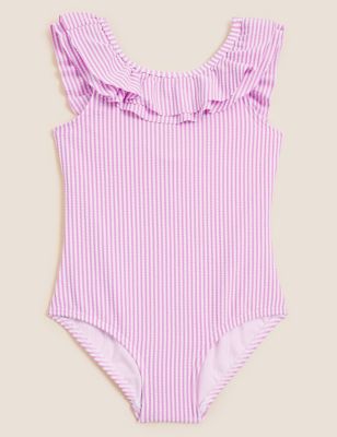 Girls M&S Collection Stripe Frill Swimsuit (2-7 Yrs) - Purple, Purple