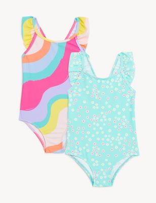 2pk Striped & Floral Swimsuits (2-8 Yrs)