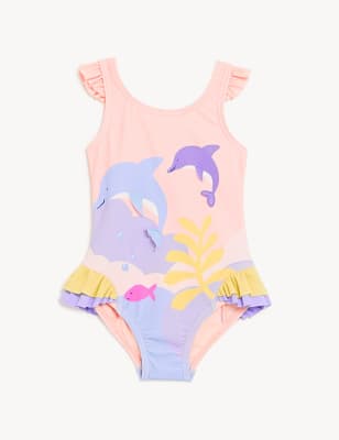 

M&S Collection Badeanzug mit Delfinmuster und Volant (2-8 J.) - Pink, Pink