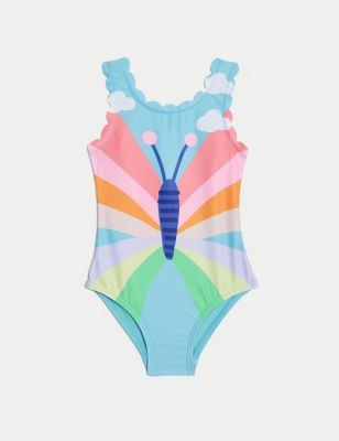 M&S Girls Butterfly Swimsuit (2-8 Yrs) - 3-4 Y - Blue Mix, Blue Mix