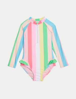 M&S Girl's Printed Frill Long Sleeve Swimsuit (2-8 Yrs) - 3-4 Y - Multi, Multi,Purple Mix,Pink Mix