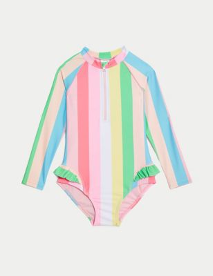 M&S Girls Printed Frill Long Sleeve Swimsuit (2-8 Yrs) - 3-4 Y - Multi, Multi,Purple Mix,Pink Mix