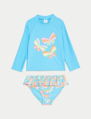 M&S Girls 2pc Butterfly Rash Vest Swim Set (2-8 Yrs) - 3-4 Y - Blue Mix, Blue Mix