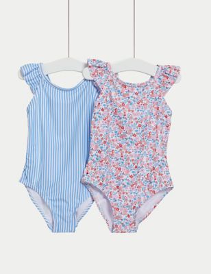 M&S Girls 2pk Floral & Striped Swimsuits (2-8 Yrs) - 2-3 Y - Coral Mix, Coral Mix