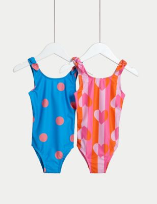 M&S Girls 2pk Spot & Striped Heart Swimsuits (2-8 Yrs) - 2-3 Y - Multi, Multi