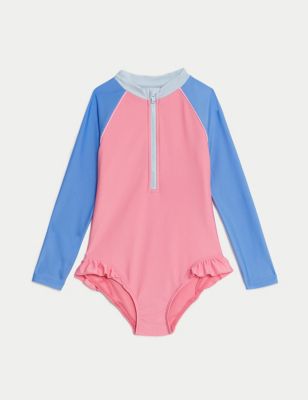 M&S Girl's Colourblock Long Sleeve Swimsuit (2-8 Yrs) - 6-7 Y - Pink Mix, Pink Mix