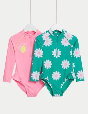 M&S Girl's 2pk Floral Long Sleeve Swimsuits (2-8 Yrs) - 3-4 Y - Multi, Multi