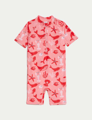 M&S Girl's Sealife Print All In One Swimsuit (2-8 Years) - 6-7 Y - Red Mix, Red Mix