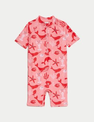 M&S Girls Sealife Print All In One Swimsuit (2-8 Years) - 6-7 Y - Red Mix, Red Mix