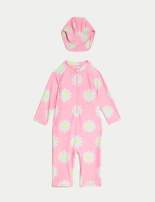 M&S Girl's Daisy Print All In One with Sun Hat (2-8 Yrs) - 7-8 Y - Pink Mix, Pink Mix