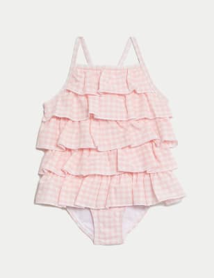 M&S Girls Seersucker Gingham Frill Swimsuit (2-8 Yrs) - 3-4 Y - Pink Mix, Pink Mix