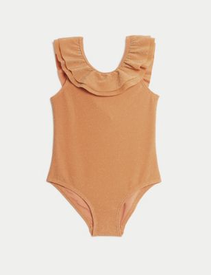 M&S Girls Frill Sparkle Swimsuit (2-8 Yrs) - 3-4 Y - Orange, Orange