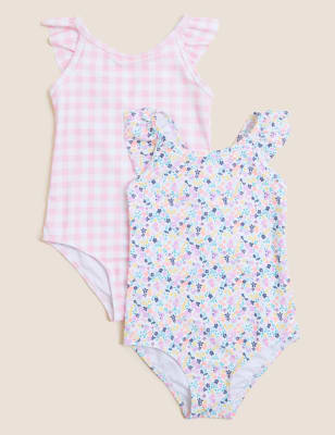 Marks And Spencer Girls M&S Collection 2pk Ditsy and Gingham Swimsuits (2-7 Yrs) - Pink, Pink